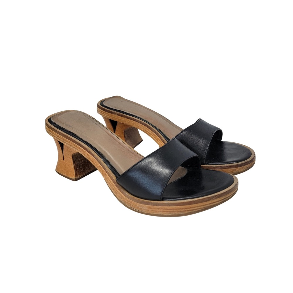 Vintage Y2k Two Lips Platform Wood Chunky Leather Heels Size 8 Black Boho Retro